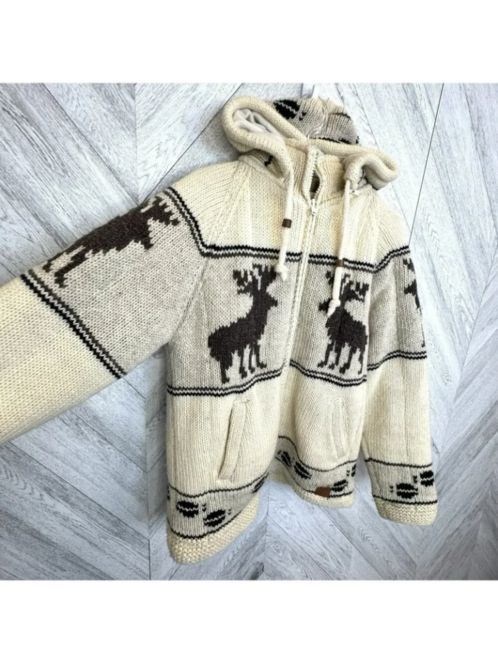 Northern Hand Knit Wool Moose Full Zip Sweater Jacket Fleece Lined Mens Medium